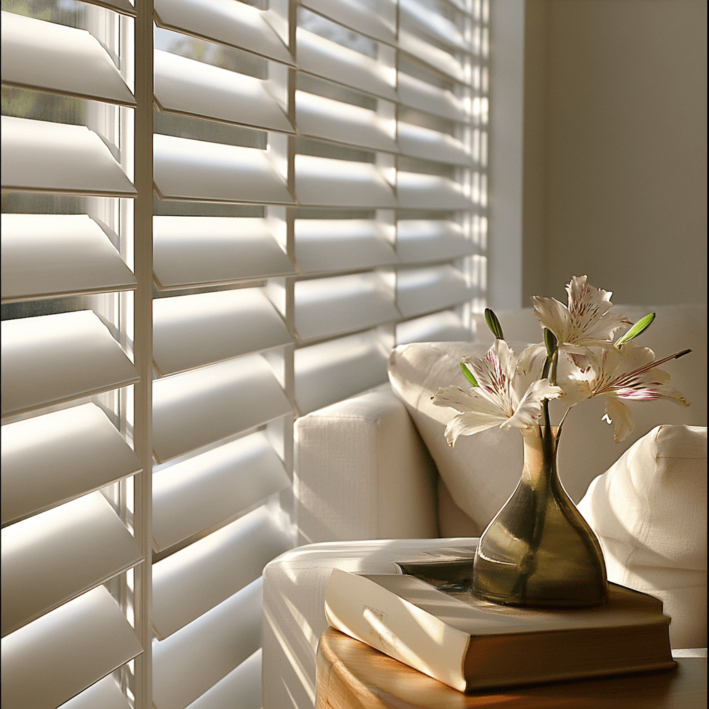 California shutters in a room, with sun shinning in the room and a flower decor with book on the table