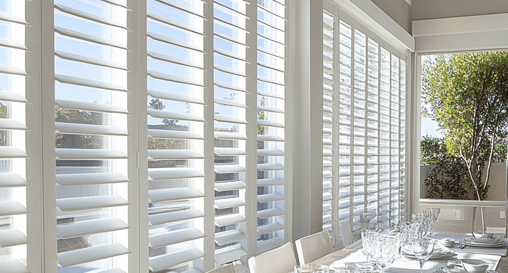 Bright day, California shutter beside a dining table
