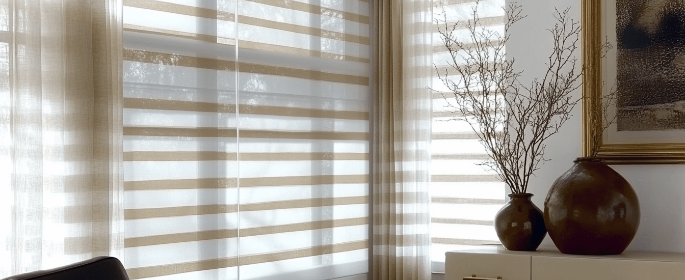 Zebra Blinds with Curtains In Living Room