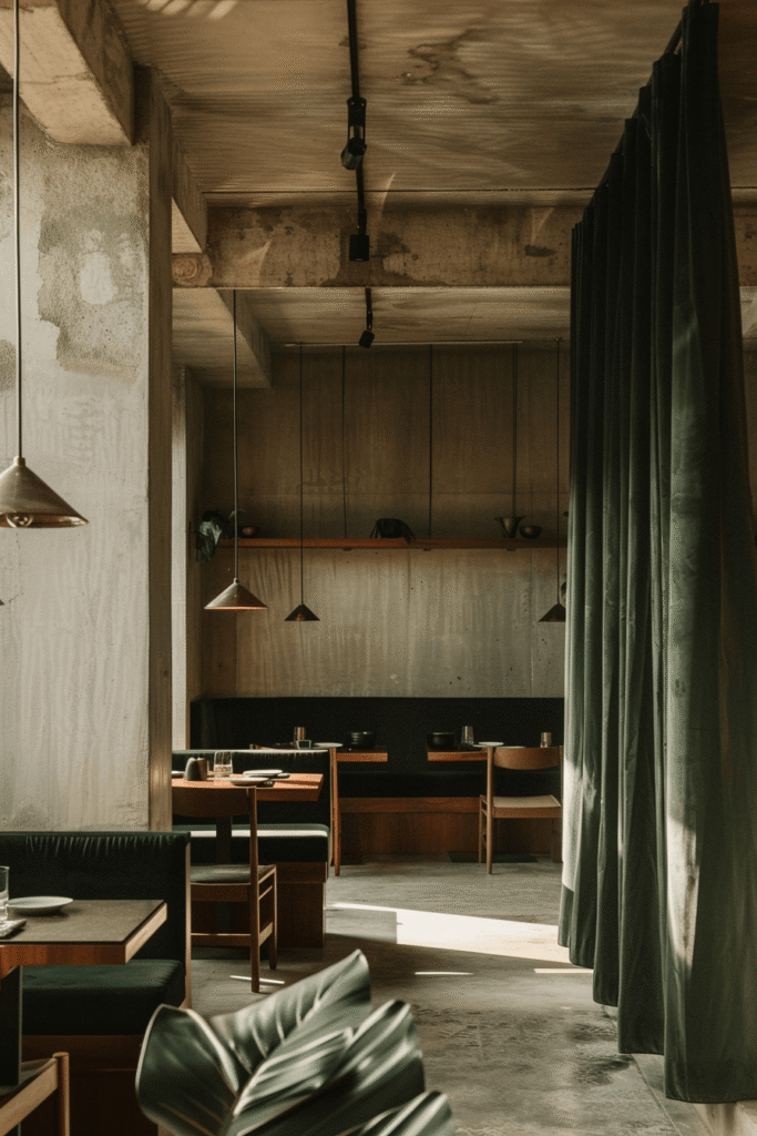 Modern restaurant window coverings in Toronto with floor-to-ceiling dark green drapery, exposed concrete beams, and minimalist wood dining tables.