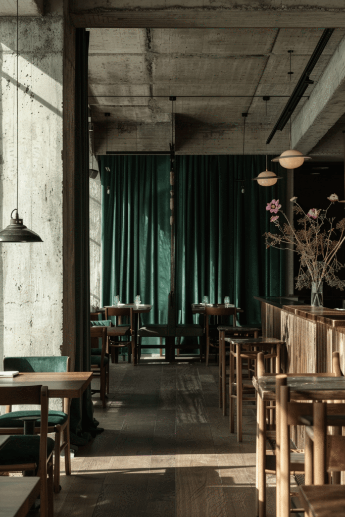 Restaurant window coverings in Toronto showcasing layered dark green curtains against concrete architecture with warm natural light and wood accents.