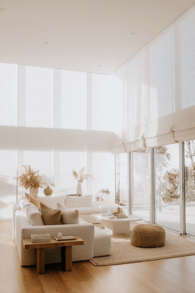 blinds for sliding glass doors in bright modern living room with soft linen shades filtering natural light