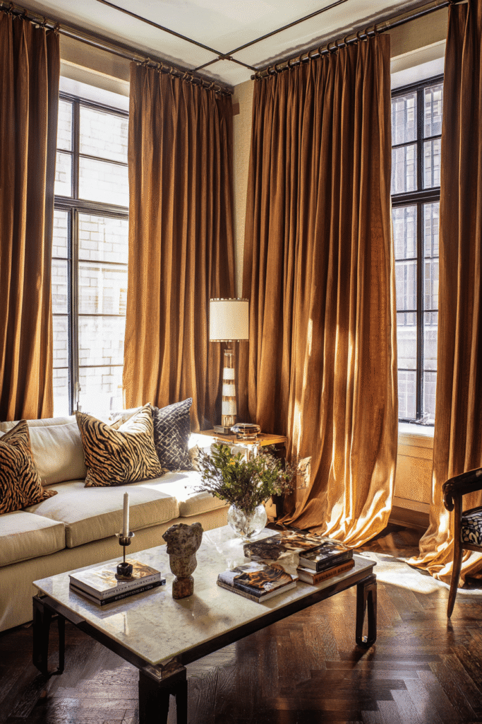 modern drapes for living rooms in warm brown fabric with tall windows and old money inspired New York interior