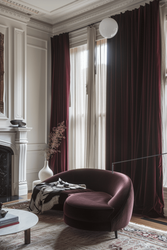 modern drapes for living rooms with burgundy velvet floor-to-ceiling curtains in elegant vintage style interior