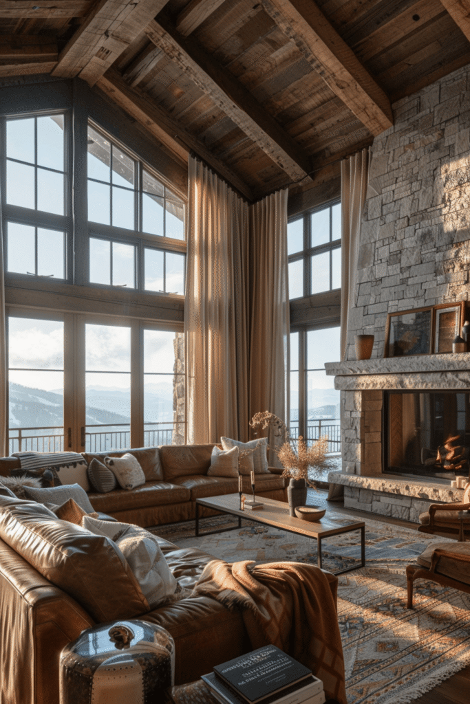 motorized drapes installed on tall windows in rustic mountain home with stone fireplace and wood beams