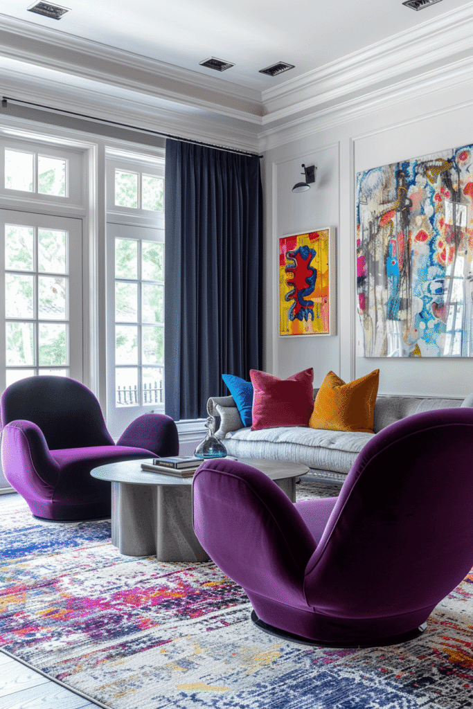 motorized drapes in modern living room with dark blue automated curtains and colorful contemporary furniture