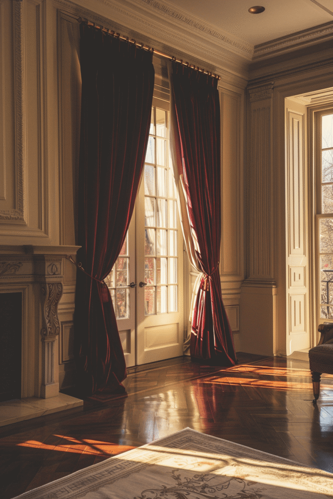 motorized drapes with burgundy velvet curtains in elegant vintage living room with tall french doors