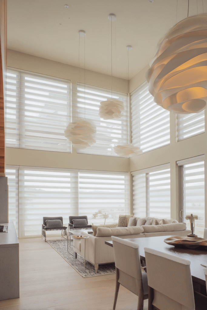 Motorized zebra blinds on large windows in an open-concept living space with soft filtered natural light