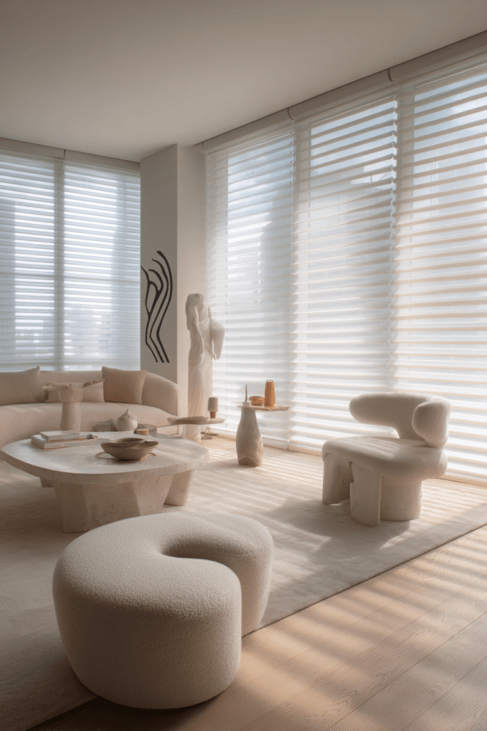 Soft natural light filtered through blackout zebra blinds for bedrooms in a minimalist modern living room